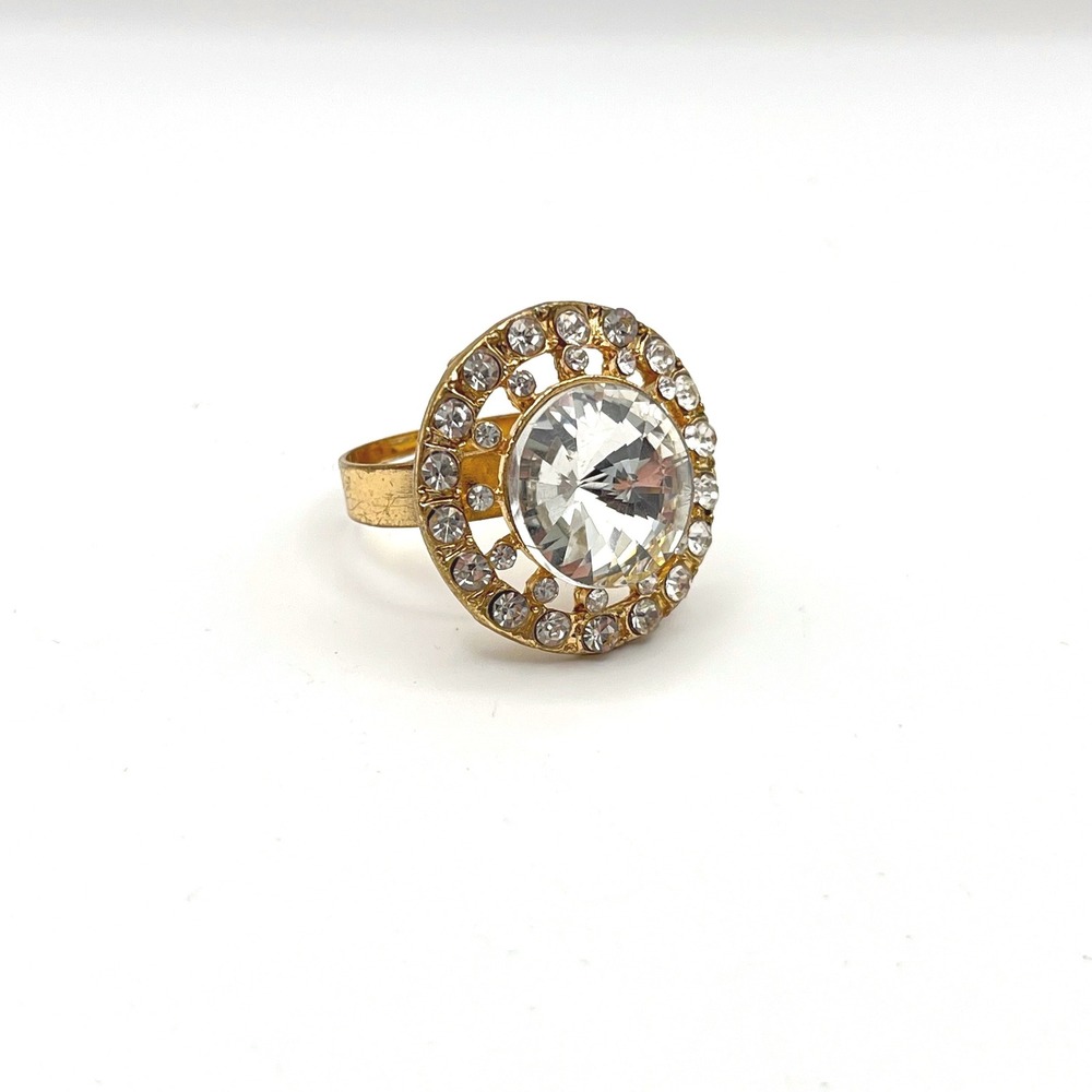 Vintage‎ Gold Tone Large Crystal Halo Statement Cocktail Ring Adjustable
